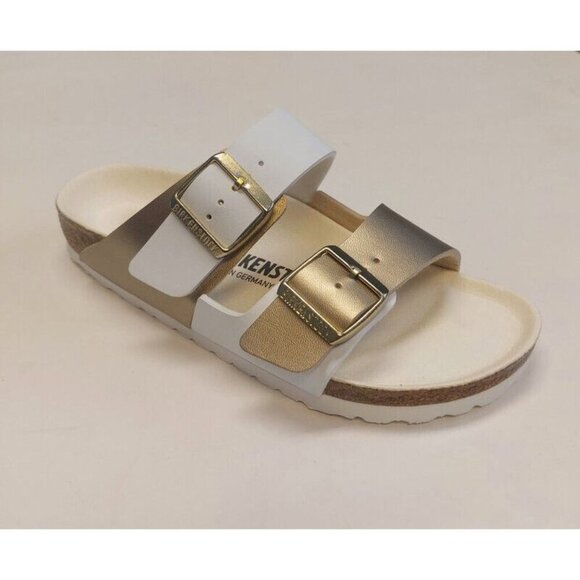 Birkenstock Arizona Split Birko-Flor Womens Sz 6 Mens 4 Sandals Gold White EU 37 - Picture 1 of 9